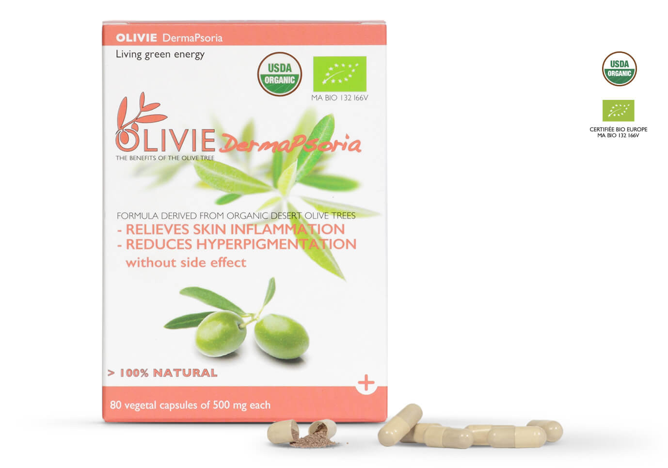 OLIVIE DERMAPSORIA, organic capsules to reduce skin inflammation, rich in polyphenols, for psoriasis, atopic, eczema and acne.