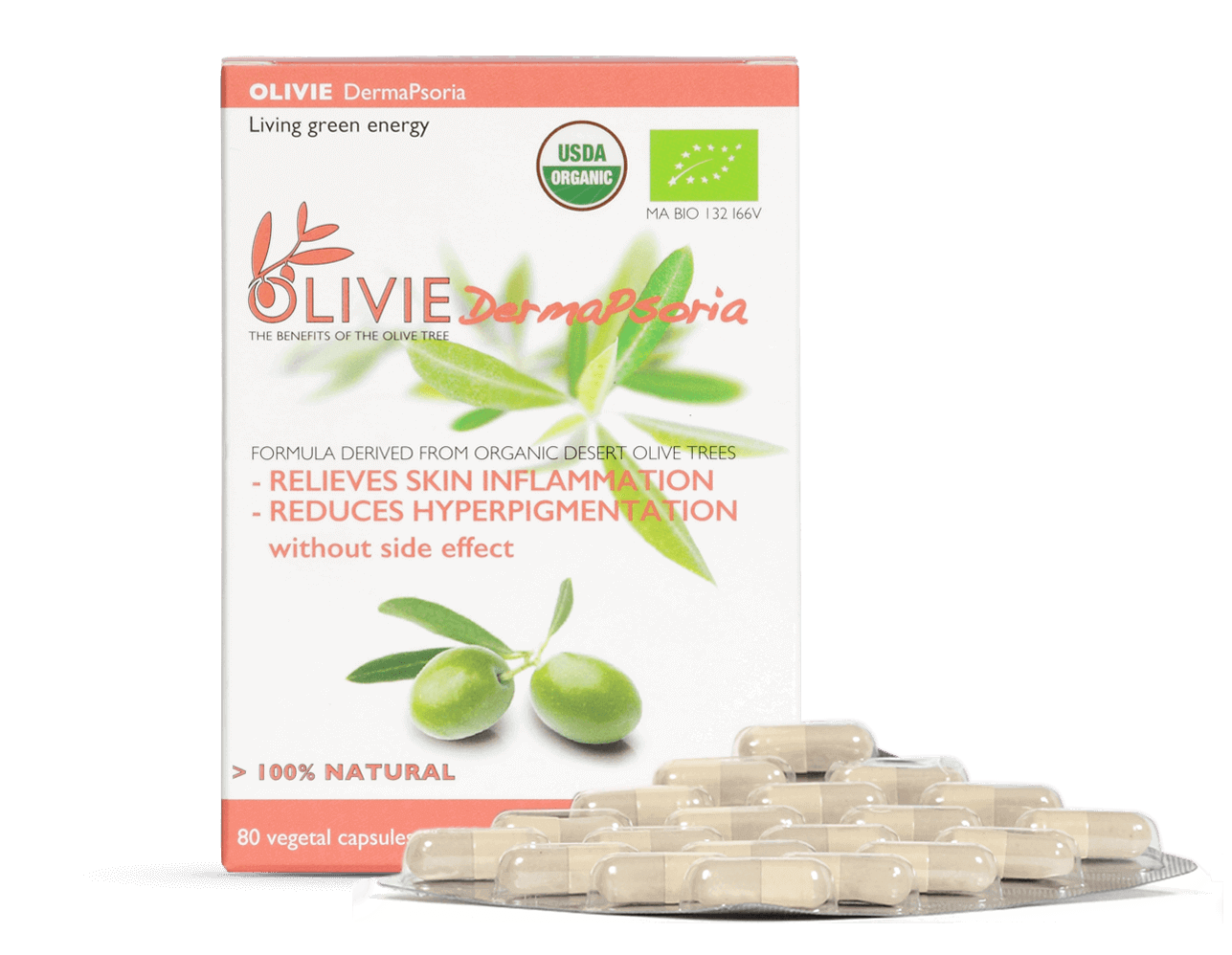 OLIVIE DERMAPSORIA, organic capsules to reduce skin inflammation, rich in polyphenols, for psoriasis, atopic, eczema and acne.