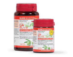 OLIVIE RICHE/FORCE, gélules représentant toute la force de l’olivier bio, super riches polyphénols, testés cliniquement.