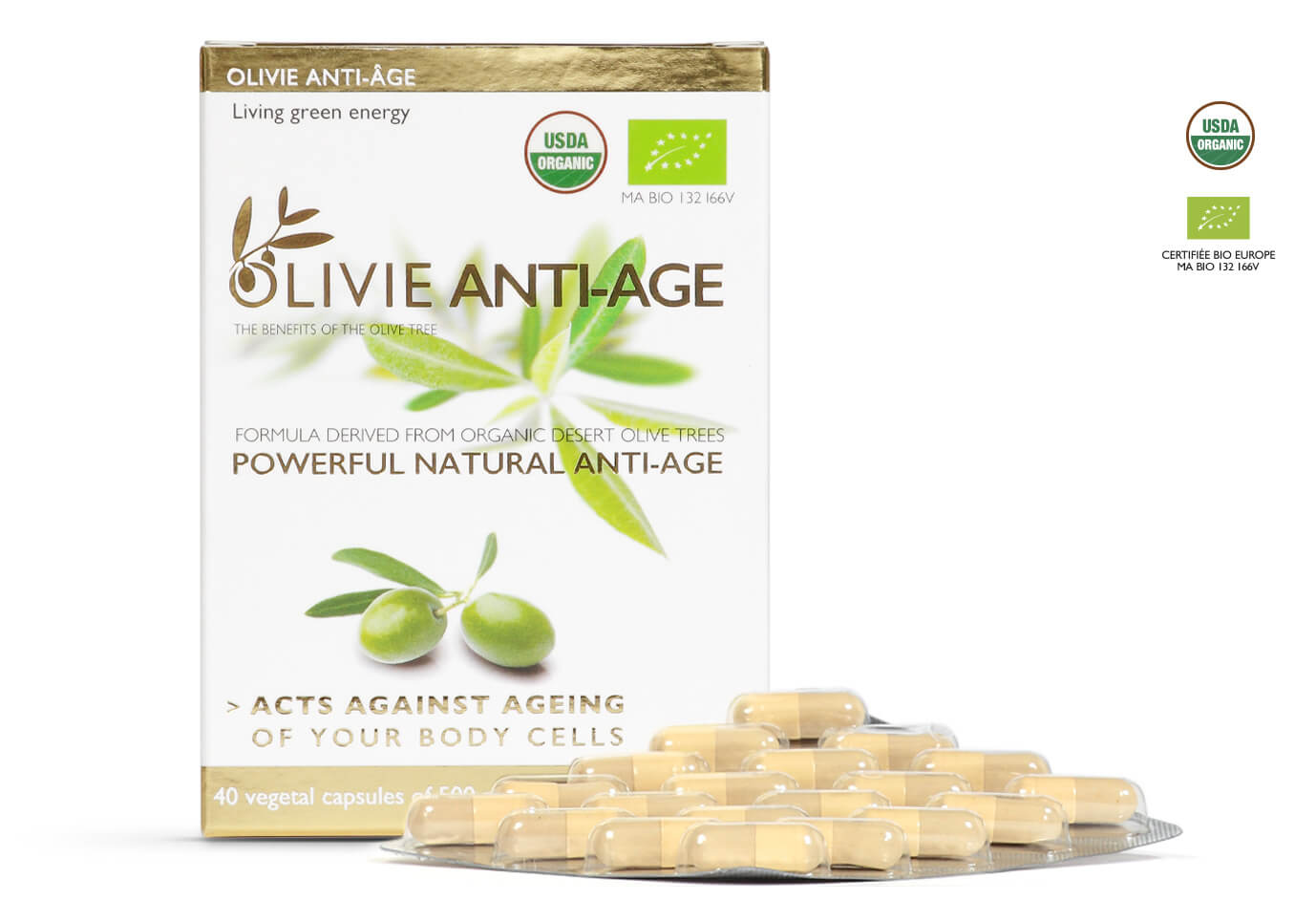 Avec ses puissants polyphénols, OLIVIE ANTI-AGE est BIO. Rajeunissement actif des cellules de votre corps.