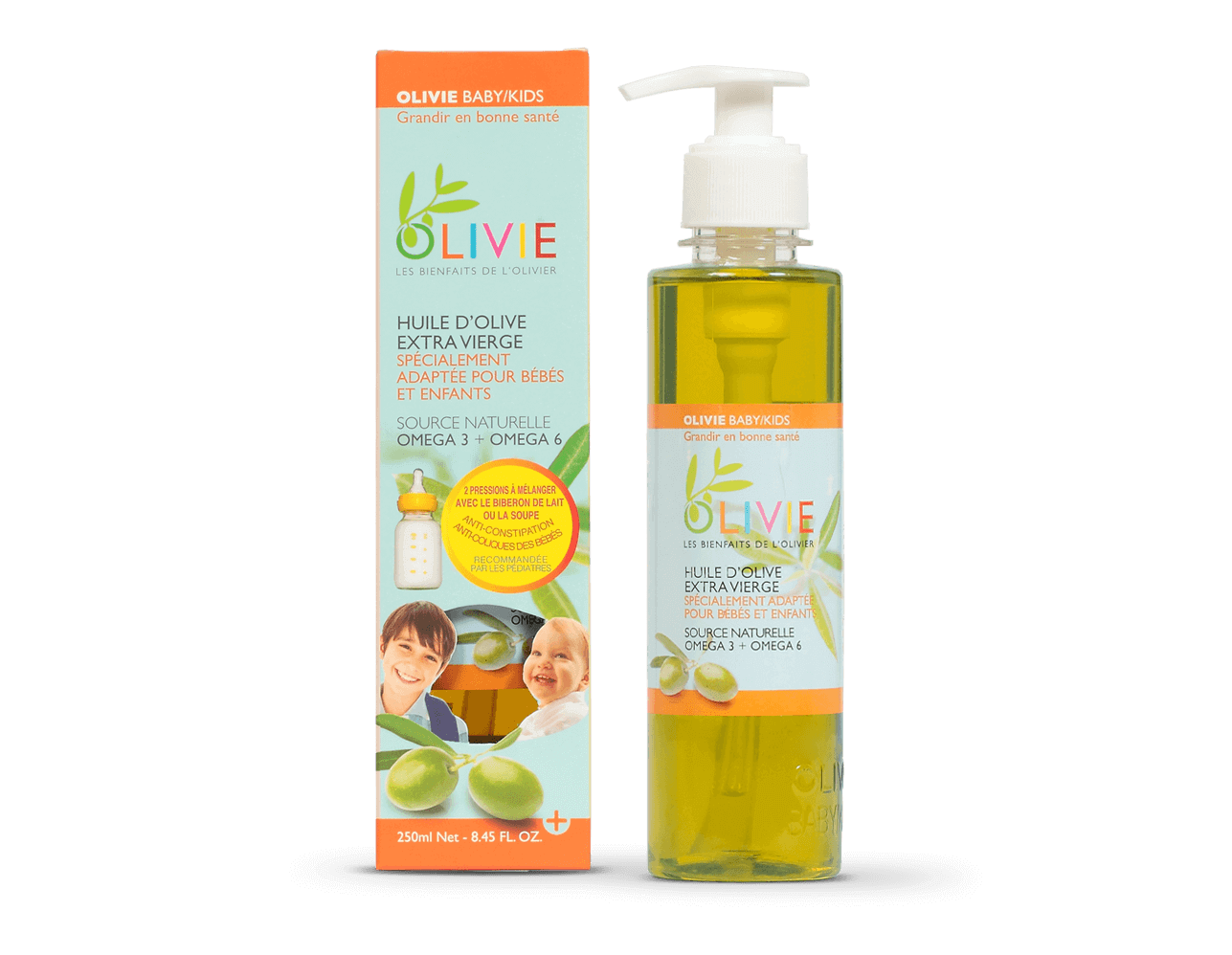 OLIVIE BABY/KIDS est une huile d'olive extra vierge BIO pour les plus petits! Réduit les coliques des bébés.